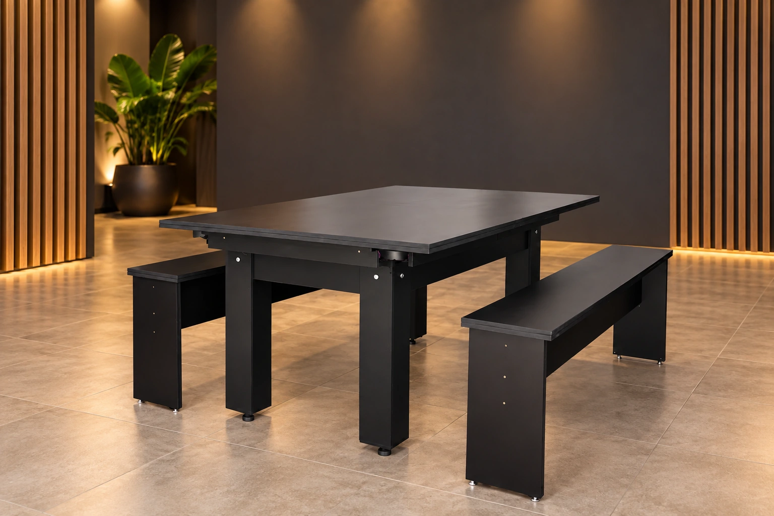 Mesa de bilhar com tampo de jantar e bancos
